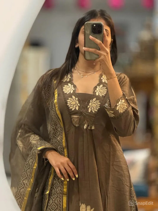 Coffee Brown Floral Cotton Kurta Set with Printed Dupatta