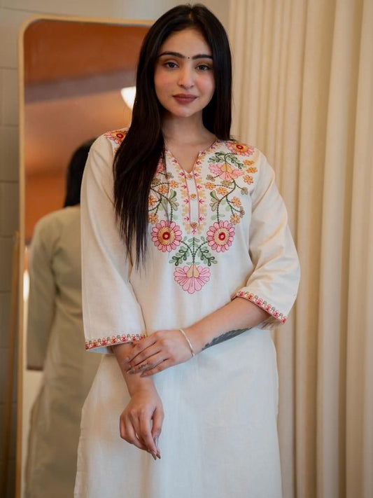Ivory Floral Embroidered Cotton Kurta Set with Straight Pants for Women