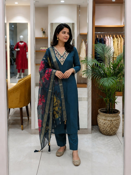 Teal Blossom Embroidered Kurta Set with Floral Organza Dupatta
