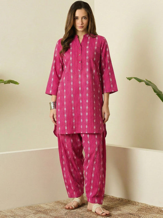 Rani Pink Heritage Cotton Kurta & Pant Set