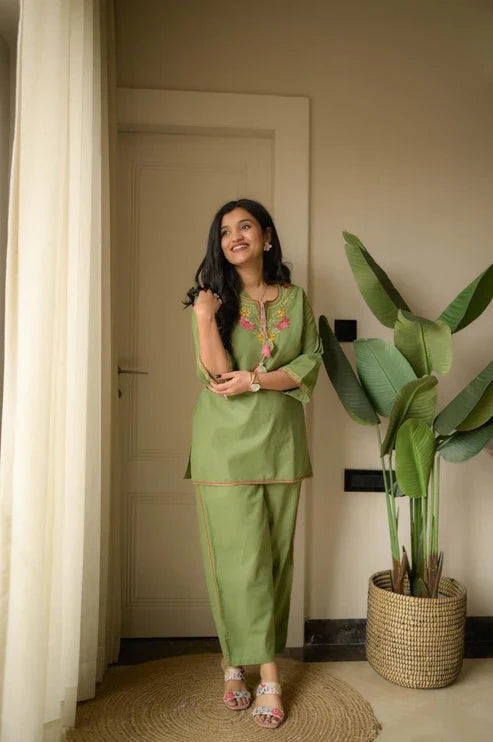 Olive Green Floral Embroidered Kurta Co-Ord Set with Tassel Detailing
