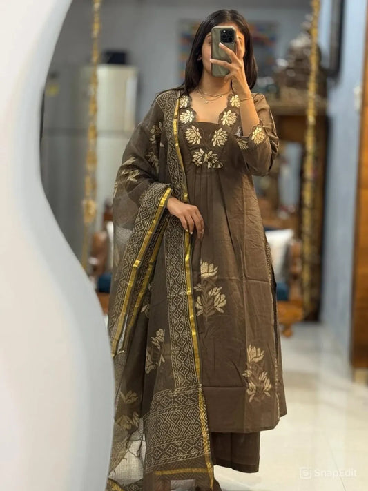 Coffee Brown Floral Cotton Kurta Set with Printed Dupatta