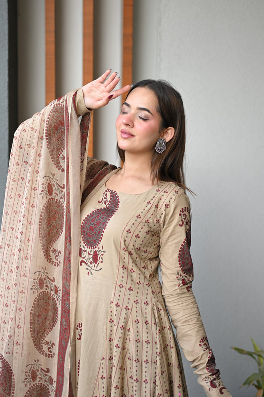 Maroon Paisley Printed Cotton Kurta Set with Dupatta