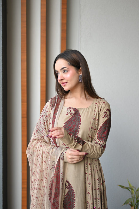 Maroon Paisley Printed Cotton Kurta Set with Dupatta