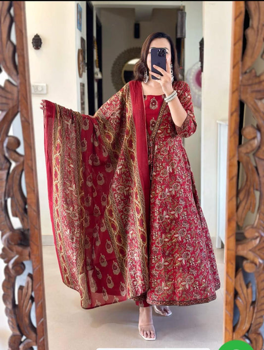 Royal Red Brocade Anarkali Kurta Set with Zari Dupatta