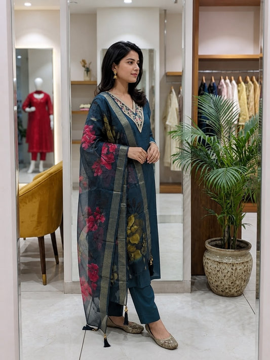 Teal Blossom Embroidered Kurta Set with Floral Organza Dupatta