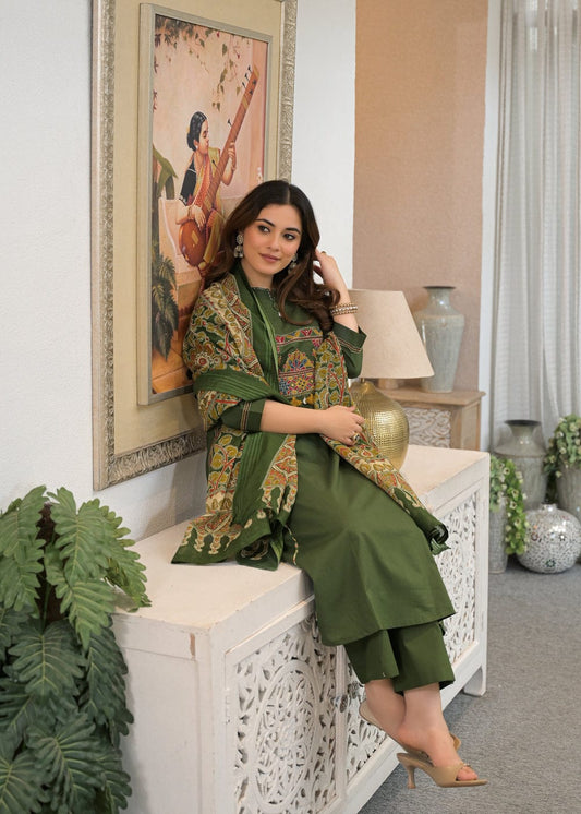 Forest Green Embroidered Kurta Set with Printed Dupatta
