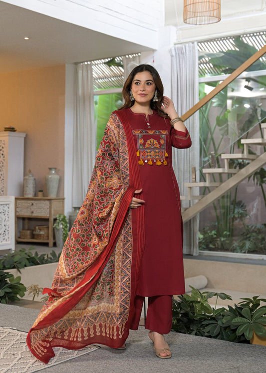 Royal Maroon Embroidered Kurta Set with Printed Dupatta
