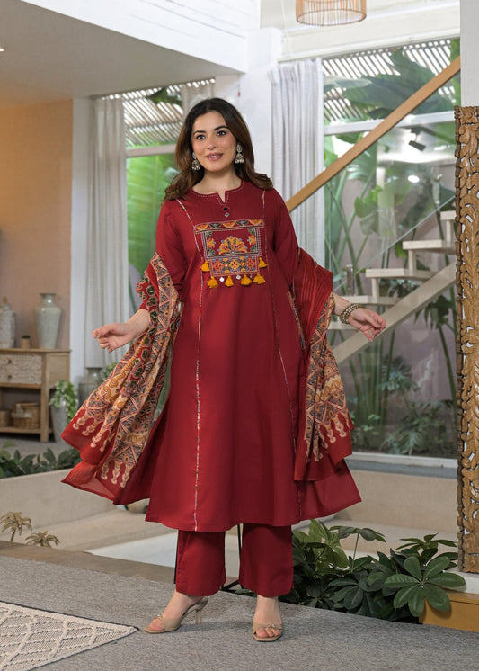 Royal Maroon Embroidered Kurta Set with Printed Dupatta
