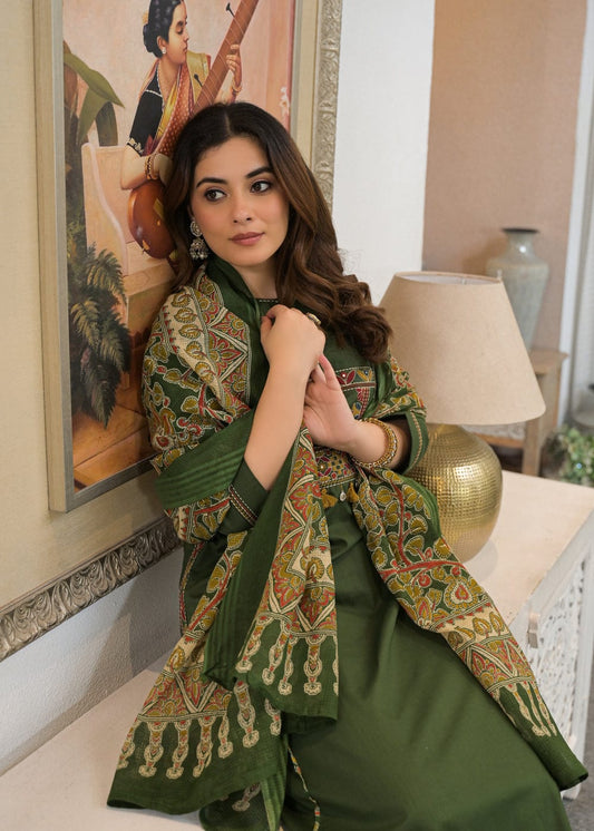 Forest Green Embroidered Kurta Set with Printed Dupatta