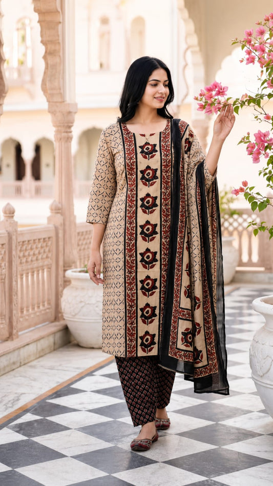 Beige Floral Handblock Print Cotton Kurta Set with Printed Dupatta