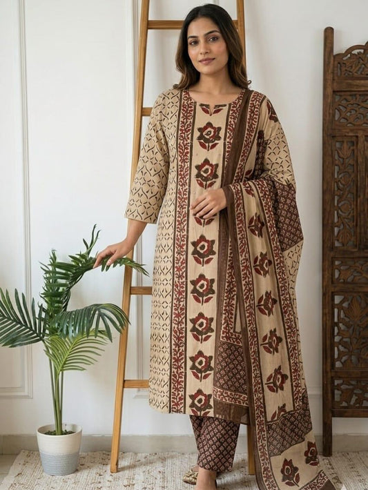 Beige Floral Handblock Print Cotton Kurta Set with Printed Dupatta
