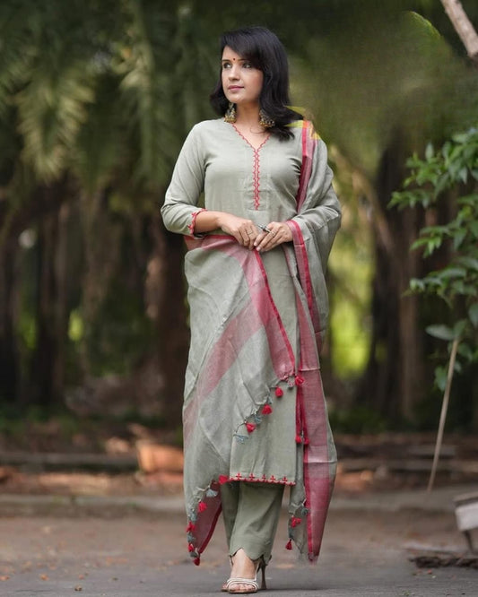 Sage Grey Cotton Kurta Set with Contrast Dupatta