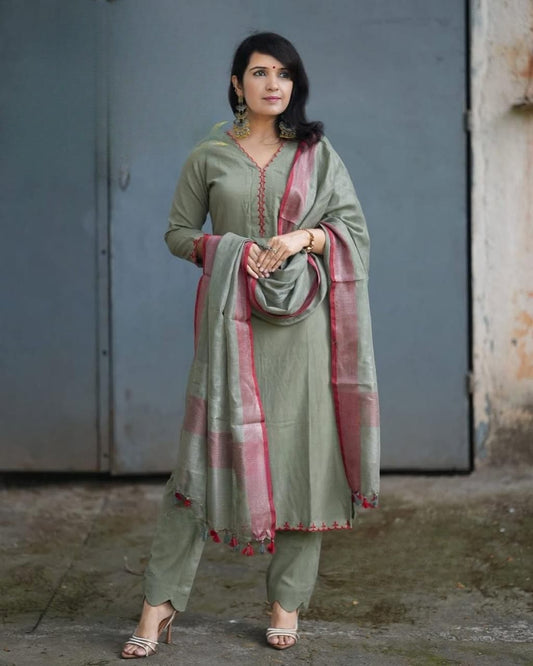 Sage Grey Cotton Kurta Set with Contrast Dupatta