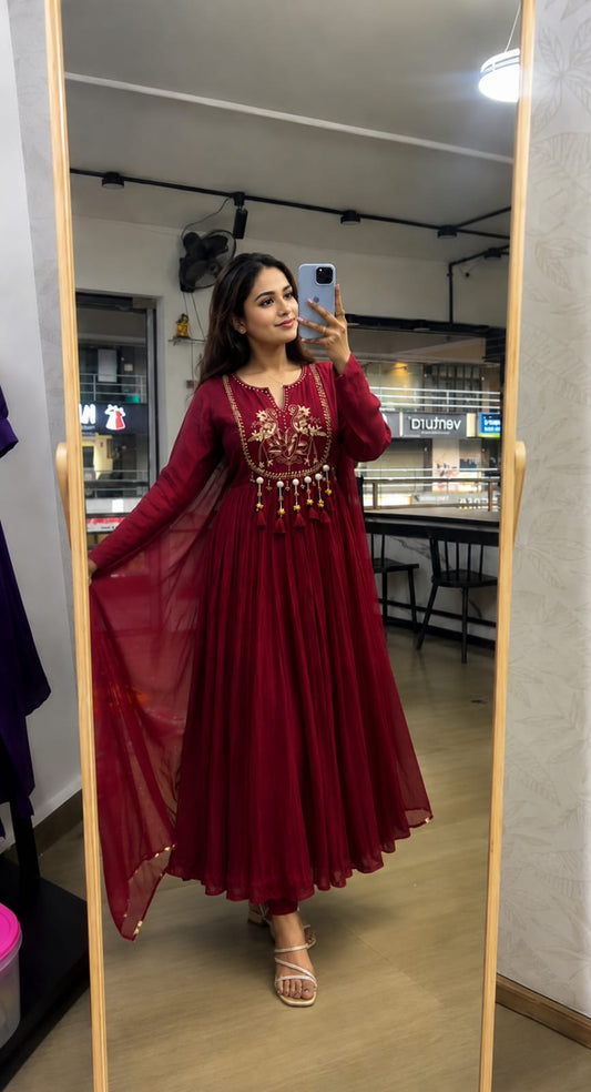 Wine Red Embroidered Anarkali Suit Set with Dupatta