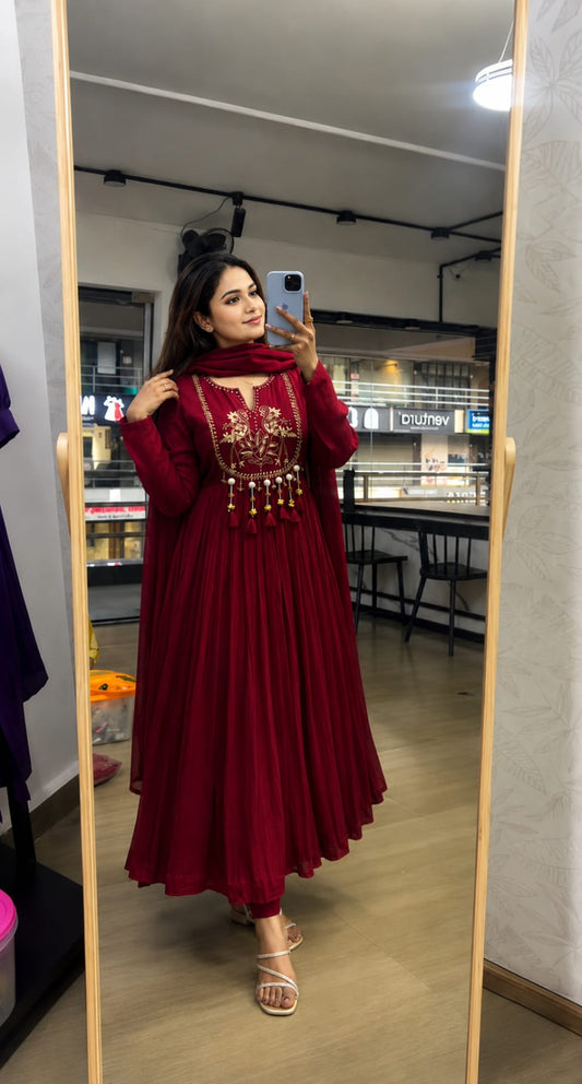 Wine Red Embroidered Anarkali Suit Set with Dupatta